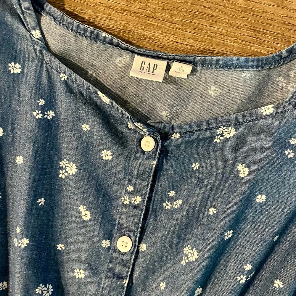 GAP Kids Dress Girl's L 10 Blue White Floral Puff Sleeve 100% Cotton Elastic EUC